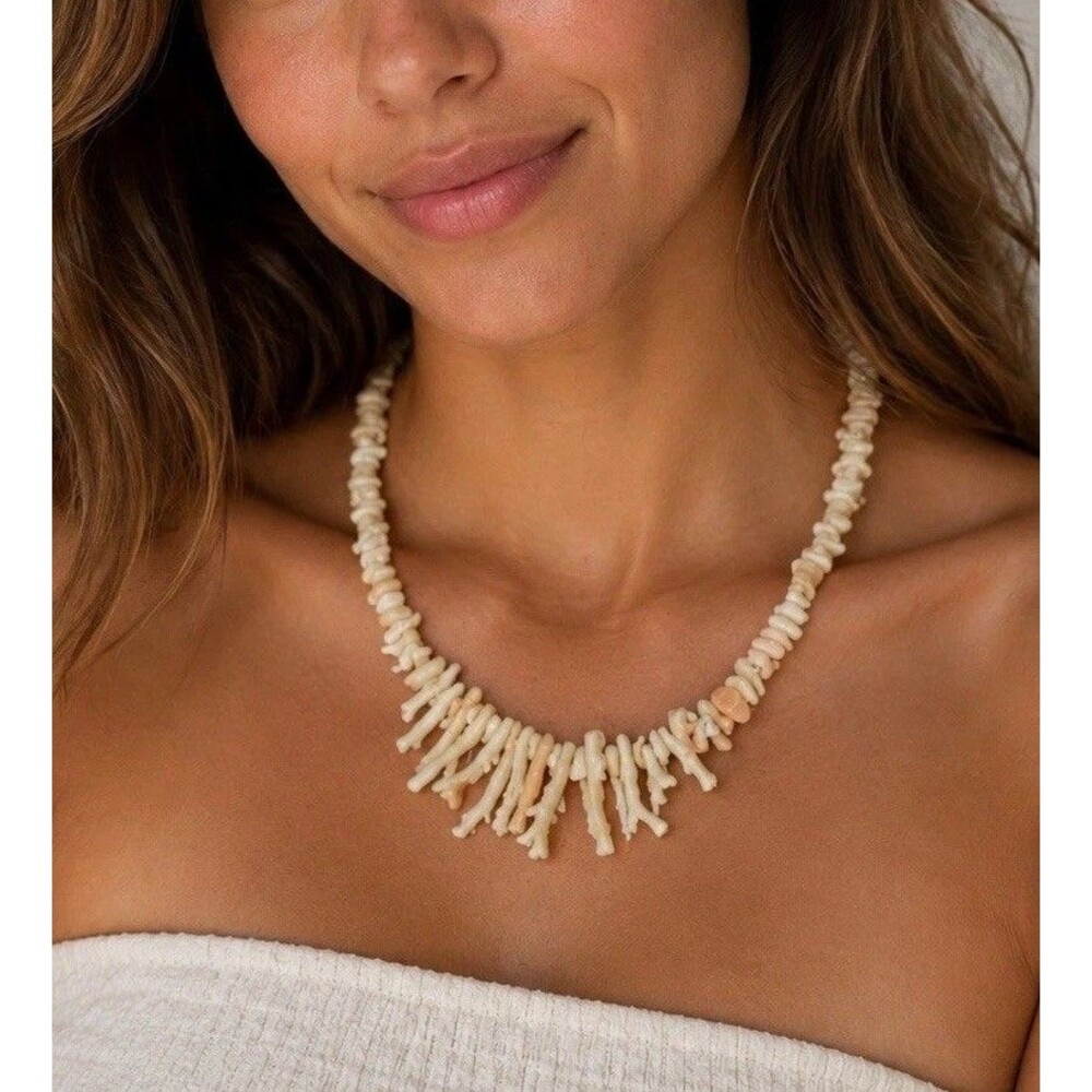 Vintage Branch Coral Necklace White Pink Coral Style Beaded Beach Coastal 18”